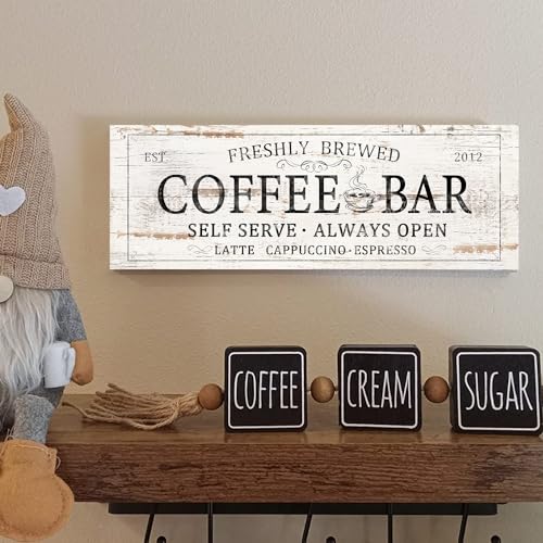 Coffee Bar Sign Decor Rustic Kitchen Canvas Sign Farmhouse Bar Hanging Wall Decor Self Serve Always Open Vintage Plaque Signs for Coffee Station Home Office 6x17 (17L" x 6W" / AI23-07-coffee bar)