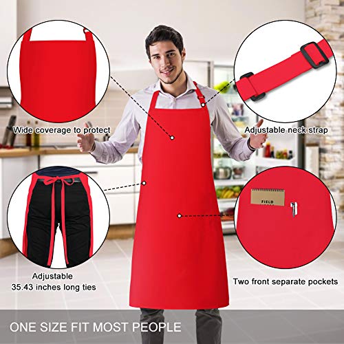 2 Pack 100% Cotton Aprons with 2 Pockets Cooking Chef Kitchen Adjustable Bib Apron for Women Men (Red)