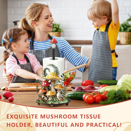 Mushroom Paper Towel Holder with Round Base Mushroom Bathroom Decor Gifts Rustic Dispenser Kitchen Paper Holder Stand for Christmas Housewarming Farmhouse Countertop Toilet Home Accessories (Mushroom)