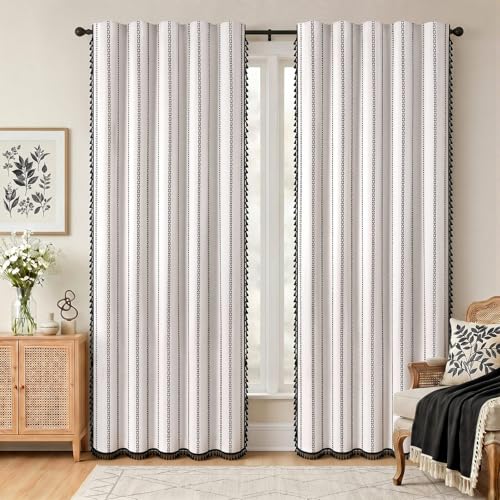 White 100% Boho Blackout Curtains 2 Panels with Tassels 52W X 82L (White and Black / 52"W x 82"L (Pack of 2))