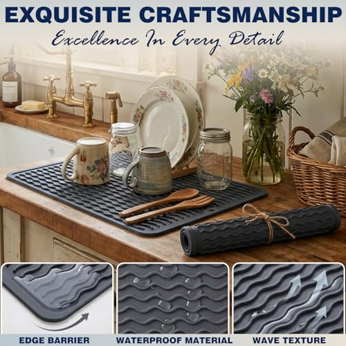 2 Pack Caketime Silicone Dish Drying Mat for Kitchen Counter Baking Cooking Grilling Tools Coffee Must Haves Household Dining Finds Simple Bathroom Dryer Work Place Covers Rubber Rug 12"x12" Green (Green / 12"*12")