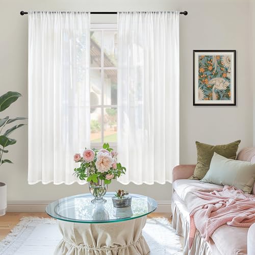 White Semi Sheer Linen Curtains 63 Inch Length for Bedroom 2 Panels Set (White / 52"W x 63"L (Pack of 2))