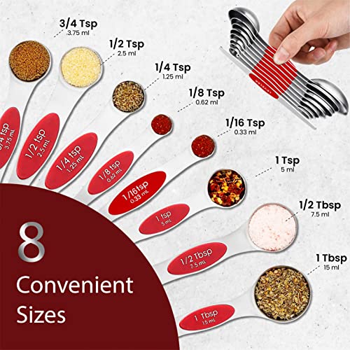Magnetic Measuring Spoons Set of 9 Stainless Steel Dual (Red)