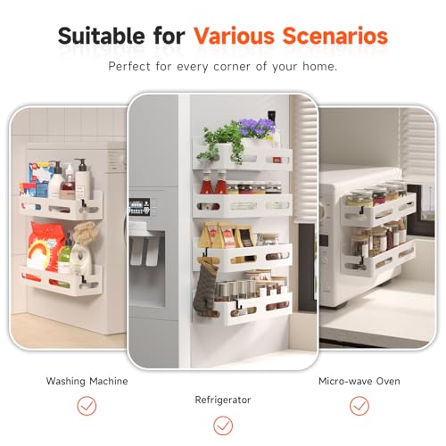 2 Pack Magnetic Spice Rack for Refrigerator with Hooks (White / 2 Pack)