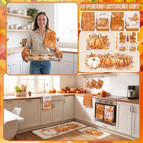 10 Pcs Fall Kitchen Decor Pumpkin Kitchen Accessories Sets (Orange,off-white / Maple Leaves)