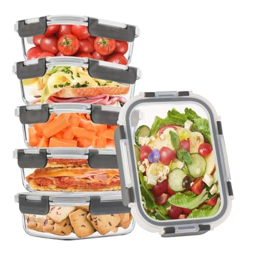 6pack 22oz Glass Meal Prep Containers with Airtight Lids (22oz - Grey)