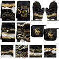 12 Pcs Marble Kitchen Decor and Accessories Sets 4 Black and Gold Marble Kitchen Towels 4 Farmhouse Absorbent Dishcloths 2 Pot Holders 2 Oven Mitts Gloves for Home Decor Mom Gifts (Black Gold / Marble Pattern)