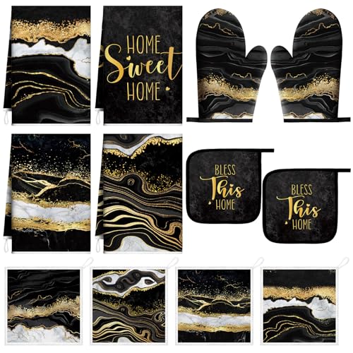 12 Pcs Marble Kitchen Decor and Accessories Sets 4 Black and Gold Marble Kitchen Towels 4 Farmhouse Absorbent Dishcloths 2 Pot Holders 2 Oven Mitts Gloves for Home Decor Mom Gifts (Black Gold / Marble Pattern)