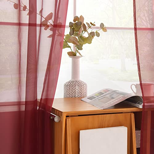 Solid Sheer Rod Pocket Curtain Voile Draperies 2 Panels White Beige Black Grey Coffee 52 Inch Width 54 Inch Long 1 Pair for Kitchen Bedroom Children Living Room Yard (Wine Red / 52"W x 54"L (Pack of 2))