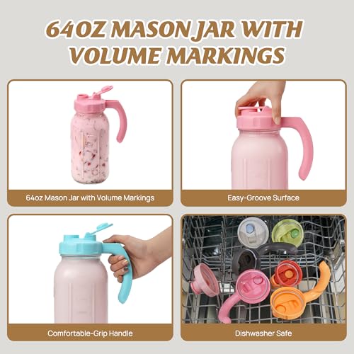2 Quart Glass Mason Jar Pitcher with Lid (Taffy Pink)