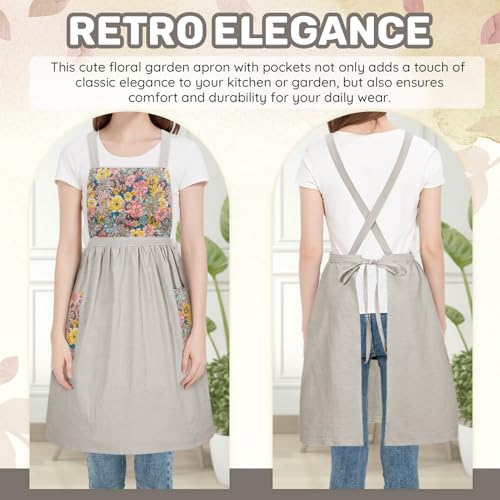 Vintage Ruffle Pinafore Chef Apron Dress with 2 Pockets for Women Girls (Floral Beige)
