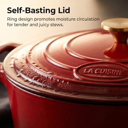 La Cuisine Enameled Cast Iron Oval Dutch Oven Casserole Dish Pot with Lid 5 QT Internal Matt Black Enamel Coating (5.0 QT Oval / Cranberry)
