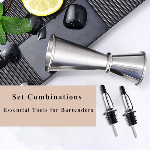 Jigger for Bartending with 2 Pourers (1 Jigger+ 2 Pourers with Caps / Silver)