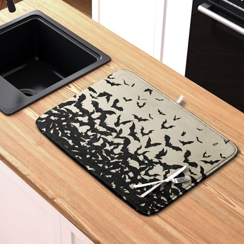 Halloween Bats Halloween Dish Drying Mat for Kitchen Counter 16x18 Inch Microfiber Absorbent Drying Mats Washable Dishes Drainer Mats Reusable Dish Rack Pad for Coffee Bar (Halloween Bats-b / 16" x 18")