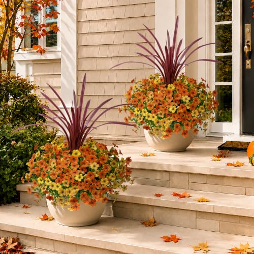 Artificial Fall Flowers Faux Mums for Outdoor Indoor Garden Home Decoration (Orangeyellow)