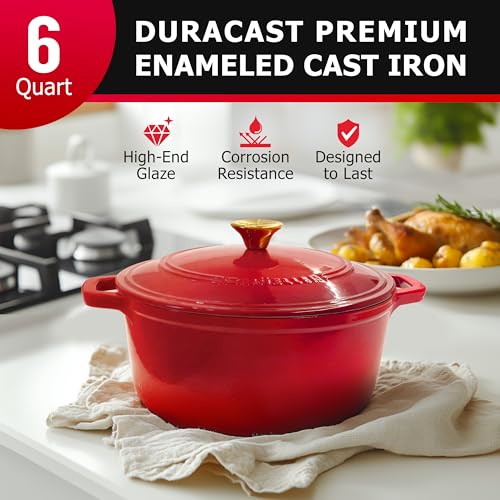 Mueller 6QT Enameled Cast Iron Dutch Oven with Lid (6 Quart -Round / Red)