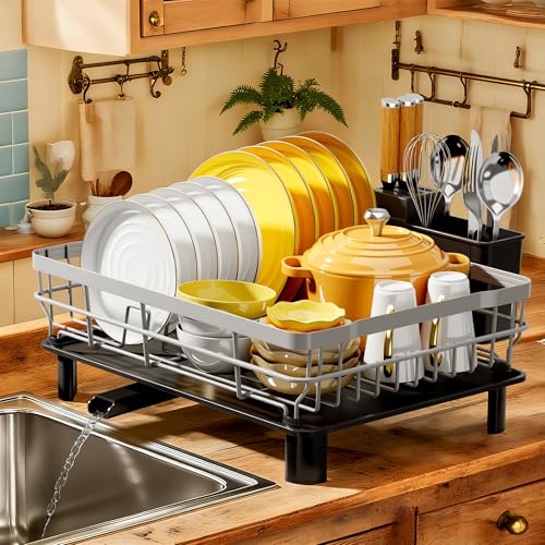 Dish Drying Rack with Drainboard for Kitchen Counter (Gray / 13''W x 17''L)