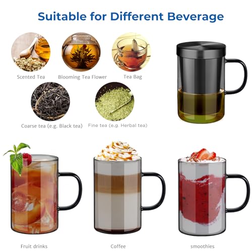 16.9oz Glass Tea Cup with Infuser and Lid 430ml (Black / 16.9 Ounces)