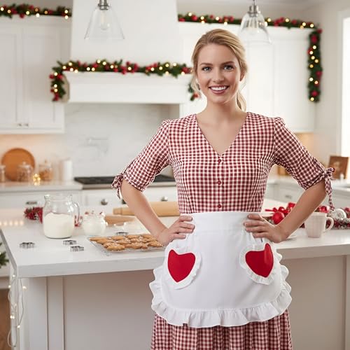 Waist Apron Kitchen Cooking Restaurant Cotton Bistro Half Aprons with Pockets For Girl Woman (White With Red Hearts)