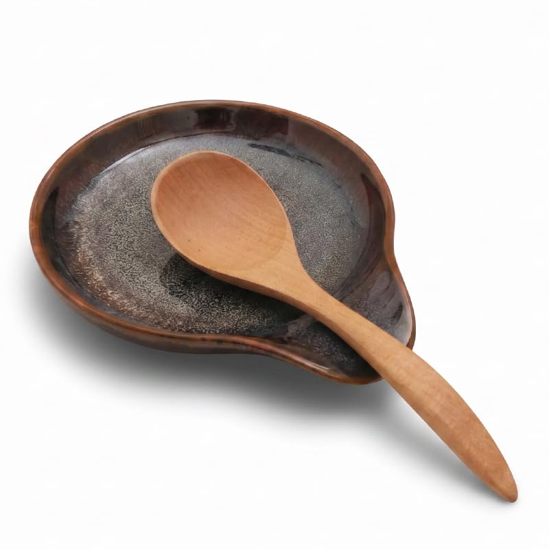 Farmhouse Ceramic Spoon Rests Holder (Caramel Brown-Flat Interior)