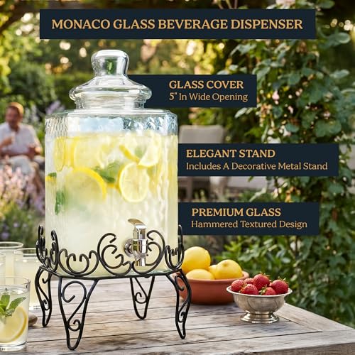 2.5 Gallon Classic Hammered Glass Beverage Dispenser with Elegant Stand (Clear-2.5-Gallon)