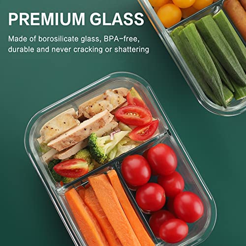 8 Pack 36oz Borosilicate Glass Meal Prep Containers 3 Compartment with Lids (Deep White)