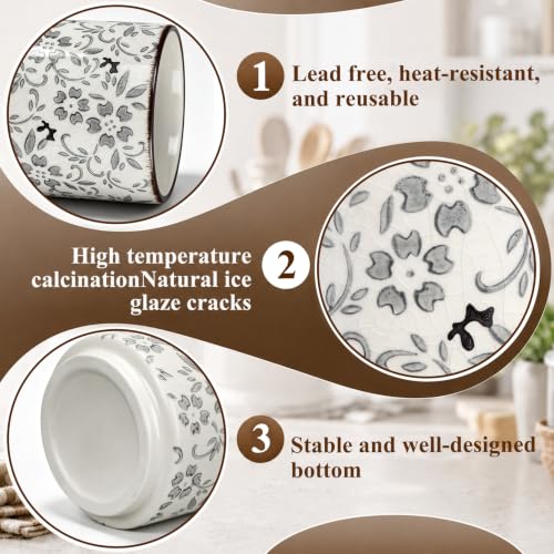 Rustic Ceramic Utensil Holder Grey Floral 5.5" (Grey Floral / 5.5" / Rustic)