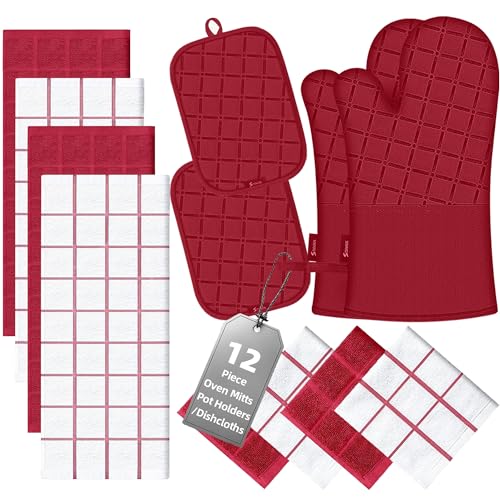 Oven Mitts Kitchen Towels and Dishcloths Pot Holders Sets (Red)