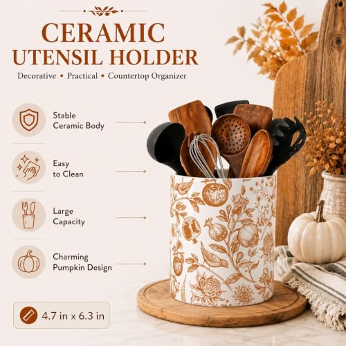 Fall Ceramic Utensil Holder Kitchen Decor Vintage Floral Fruit Bird Flower Utensils Crock for Autumn Thanksgiving Farmhouse Home Kitchen Countertop Organizer Container