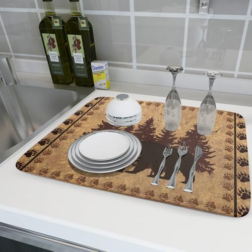 18"x24" Brown Bear Dish Drying Mat Rustic Forest Wildlife Woodland Dish Drainer Mats for Kitchen Countertop Farmhouse Animal Paw Print Fast Dry Microfiber Dish Drying Pad Decoration (24" x 18")