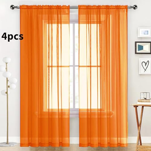 Orange Sheer Curtains 4 Panels Rod Pocket Semi (Orange / 52"W x 90"L (Pack of 4))