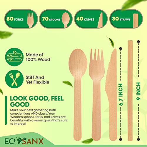 220 PCs Disposable Wooden Cutlery set 6.3" Splinter Free Compostable Utensils for party