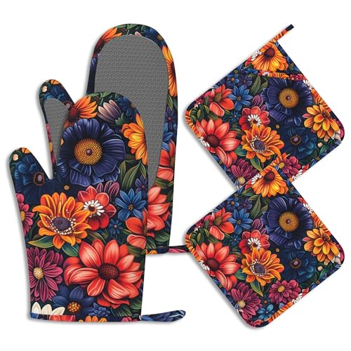 Colourful Flowers Potholders & Oven Mitts Sets Spring Floral Silicone Heat Resistant Oven Mits and Hot Pads Non (Colourful Flowers,spring Floral)