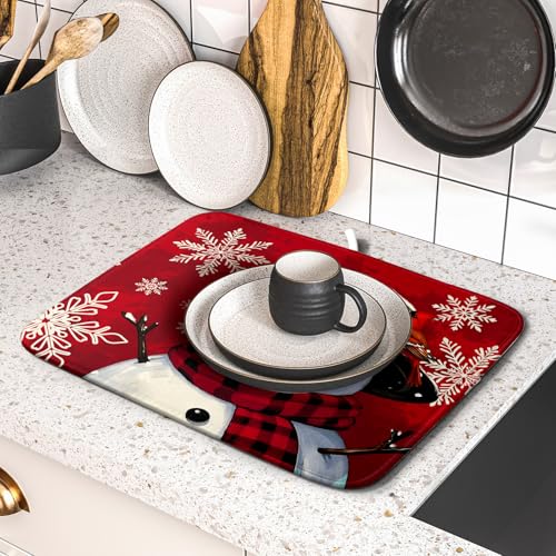 Christmas Snowman Dish Drying Mat for Kitchen Counter 16x18 Xmas Snowflake Winter Holiday Dark Red Absorbent Reversible Microfiber Drying Mats Kitchen Countertop Protector Dishes Drainer Rack Pad (16" x 18")
