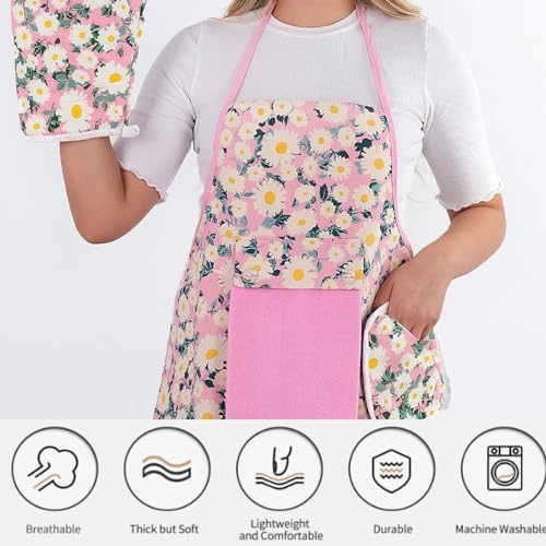 Floral Kitchen Apron and Oven Mitt Set (Pink)