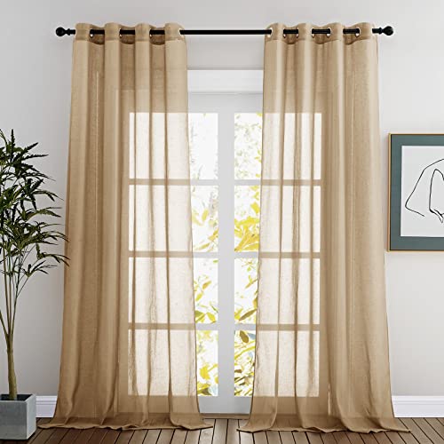 Sheer Linen Curtains Flax Texture 90 inch Long (52"W x 90"L (Pack of 2) / Camel)