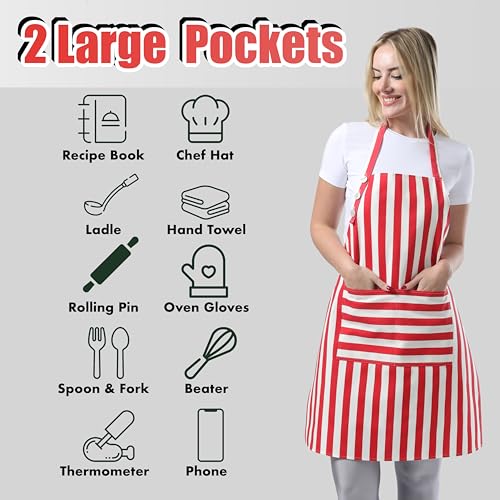 Kitchen Apron Cotton Waterdrop Resistant Adjustable Button Women Men (Red)