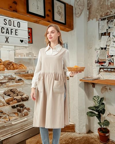 Cotton Apron Women Split Plus Size Bib with Pockets for Cooking (Beige)