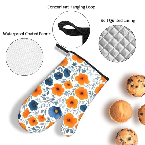 Spring Orange Blue Floral Oven Mitts and Pot Holders Sets of 3 (Orange and Blue Floral)