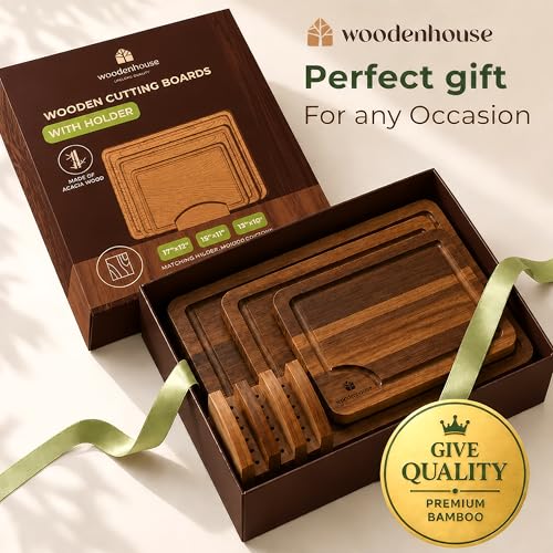 Acacia Wood Cutting Board Set of 3 with Holder