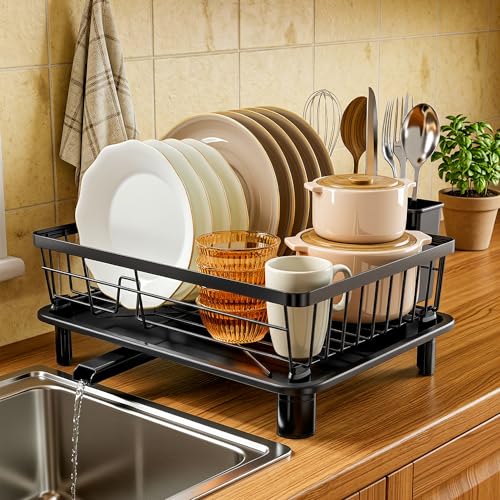 Dish Drying Rack with Drainboard for Kitchen Counter (Black 3 / 11''W x 15''L)