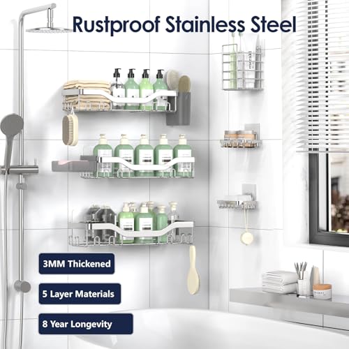 Shower Caddy Adhesive Shower Organizer 8 (Silver / 8-Piece Set)