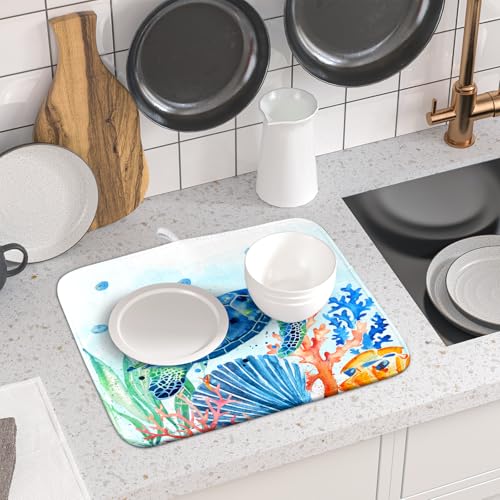 Sea Turtle Dish Drying Mat 16x18in Watercolor Blue Tortoise Dish Drainer Mats Nautical Ocean Coral Seashell Seaweed Microfiber Dish Drying Pad for Kitchen Countertop Small Decor (18" x 16")