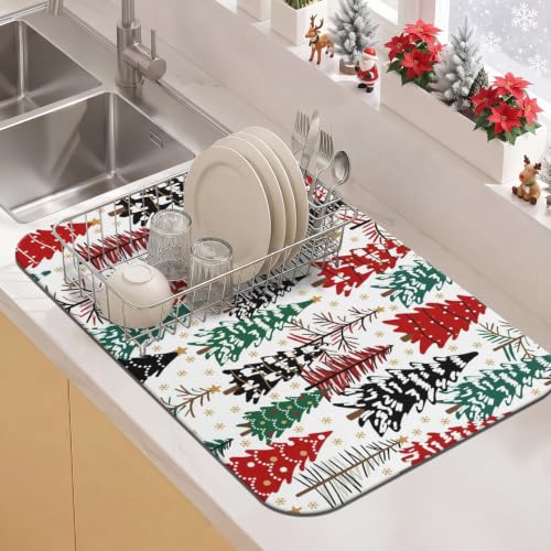 Christmas Dish Drying Mat Kitchen Countertop (RedGreen / 19" x 12")