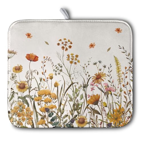 Fall Floral Dish Drying Mat for Kitchen Counter Autumn Burnt Orange Wild Flowers Dish Draining Mat Absorbent Microfiber Dishes Pad Washable Dish Drainer Rack Mat Medium 16"x18" (Fall Floral / 16" x 18")