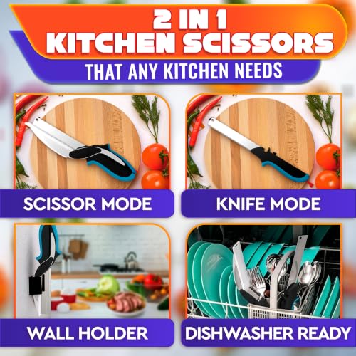 2 in 1 Kitchen Scissors for Food with Cutting Board (Teal)