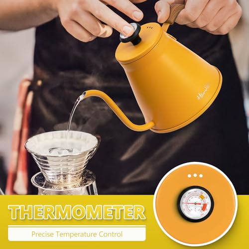 Gooseneck Kettle with Thermometer for Pour Over Coffee and Tea (Yellow)