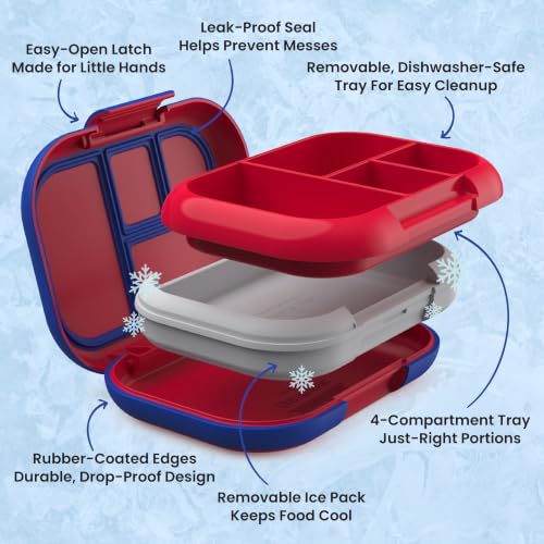 Chill Kids 4 Compartment Bento Box Leakproof Lunch Box (Red/Royal)