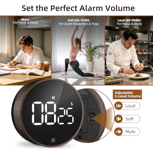Digital Magnetic Kitchen Timer & Stopwatch with LED Display (7.8*7.8*2.7CM / Deep Woodgrain)