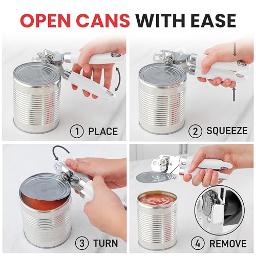 Heavy Duty Stainless Steel Can Opener Manual with Large Bottle Opener (Side Bottle Opener Design / White)